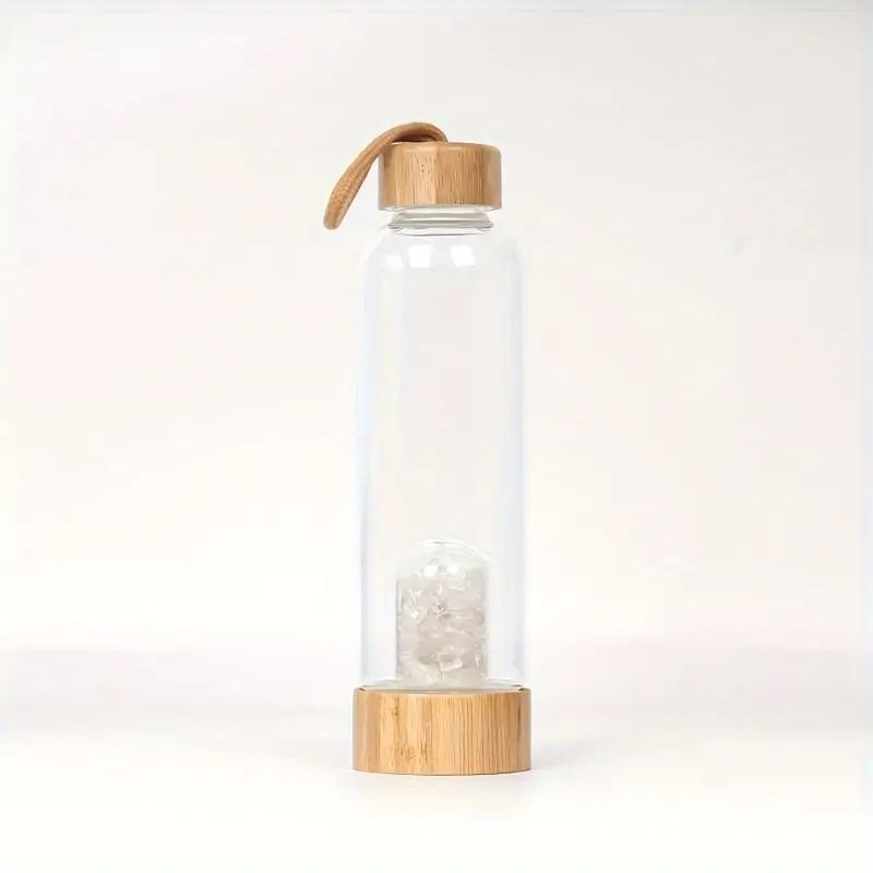 Bouteille en Verre avec Pierres de Cristal de Roche et Bouchon en Bambou - Pureté et Énergie Positive