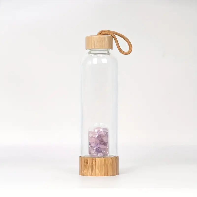 Bouteille en Verre avec Pierres d’Améthyste et Bouchon en Bambou - Sérénité et Équilibre