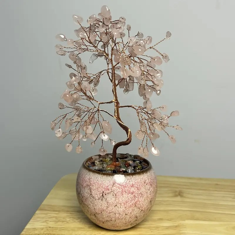 Lebensbaum aus Rosenquarz mit rosa Keramiktopf im Boho-Stil - 18x7x7 cm - Liebe und Eleganz