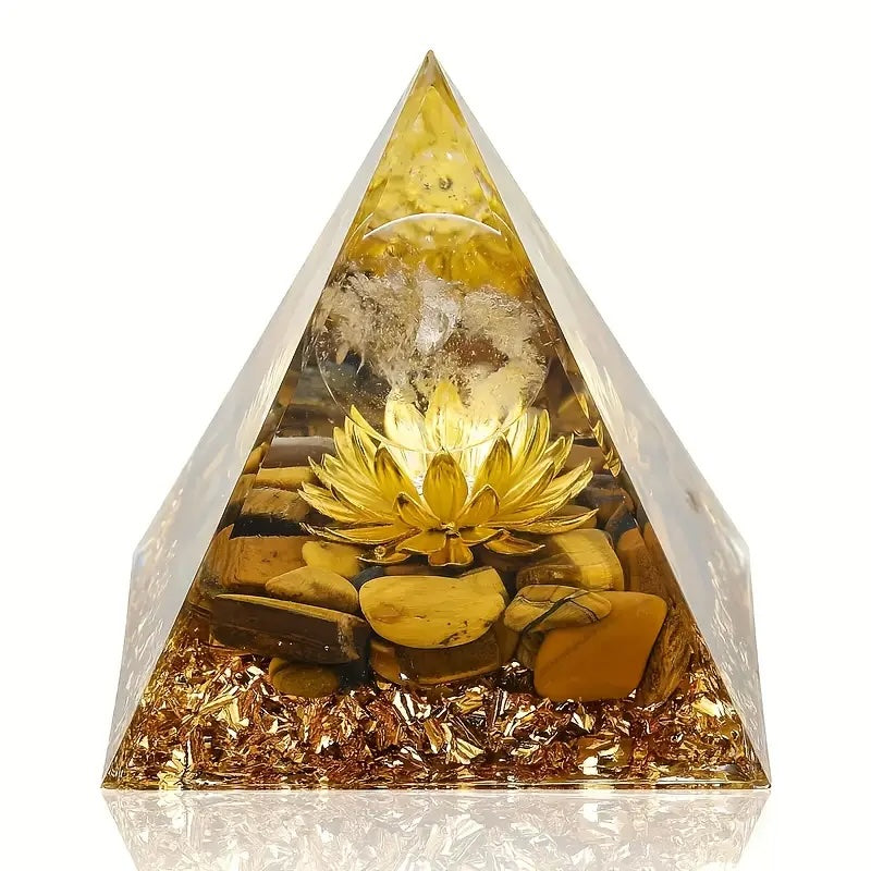 Pyramide en Orgone avec Fleur et Œil de Tigre - 5 cm - Protection et Harmonie