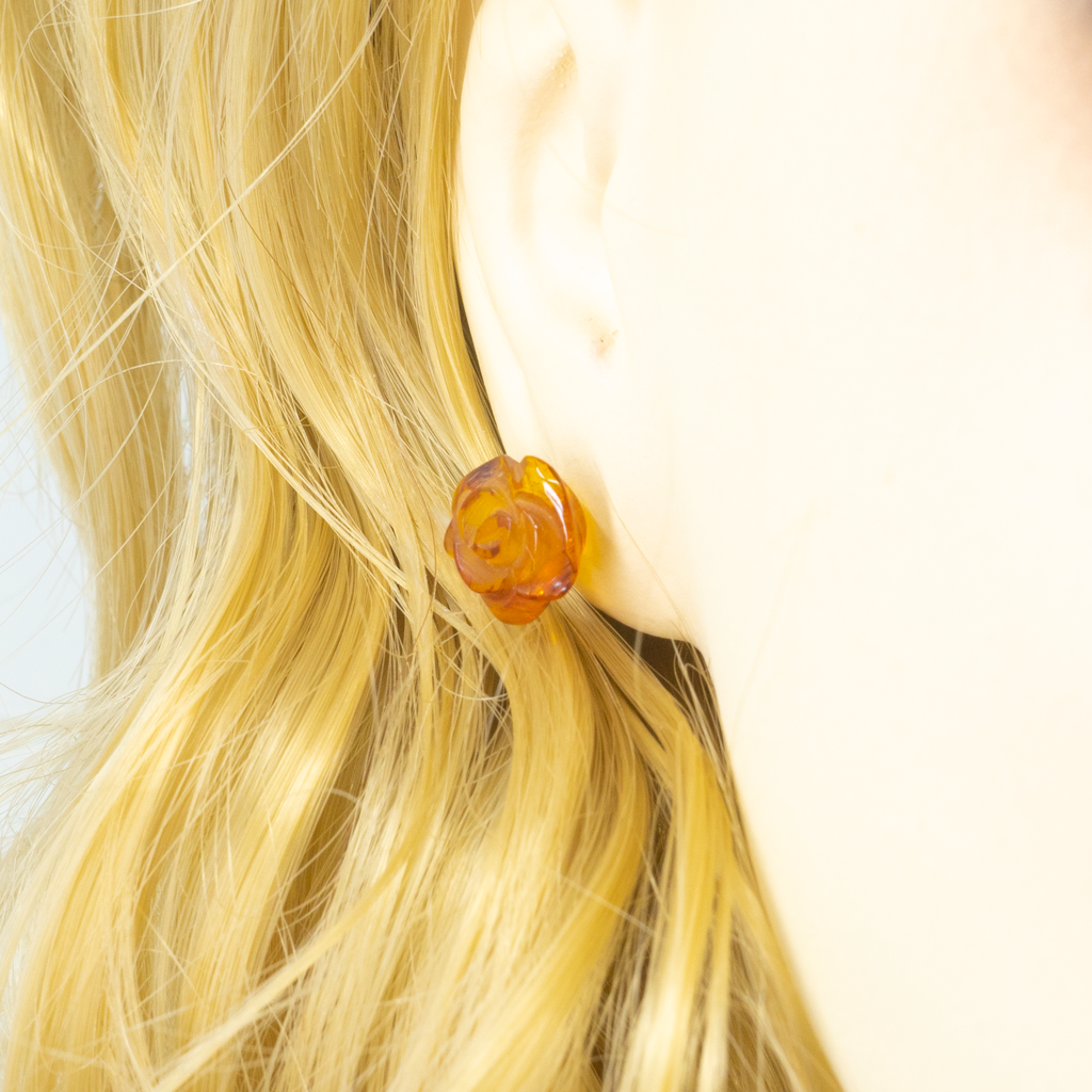 Ohrstecker aus rosafarbenem Bernstein und Sterlingsilber - Cognac