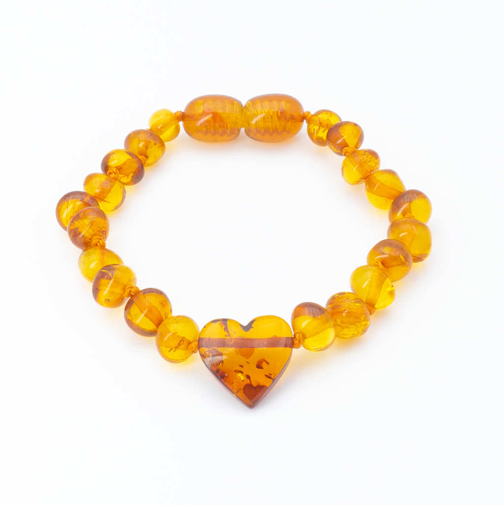 Bracelet d'Ambre pour Bébé avec Coeur Couleur Cognac – Perles Cognac, Naturel et Authentique