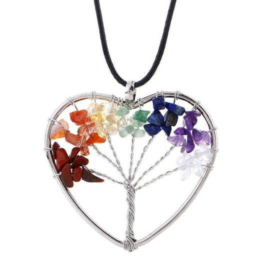 Pendentif Arbre de Vie en Forme de Cœur avec Pierres des 7 Chakras - Énergie et Harmonie