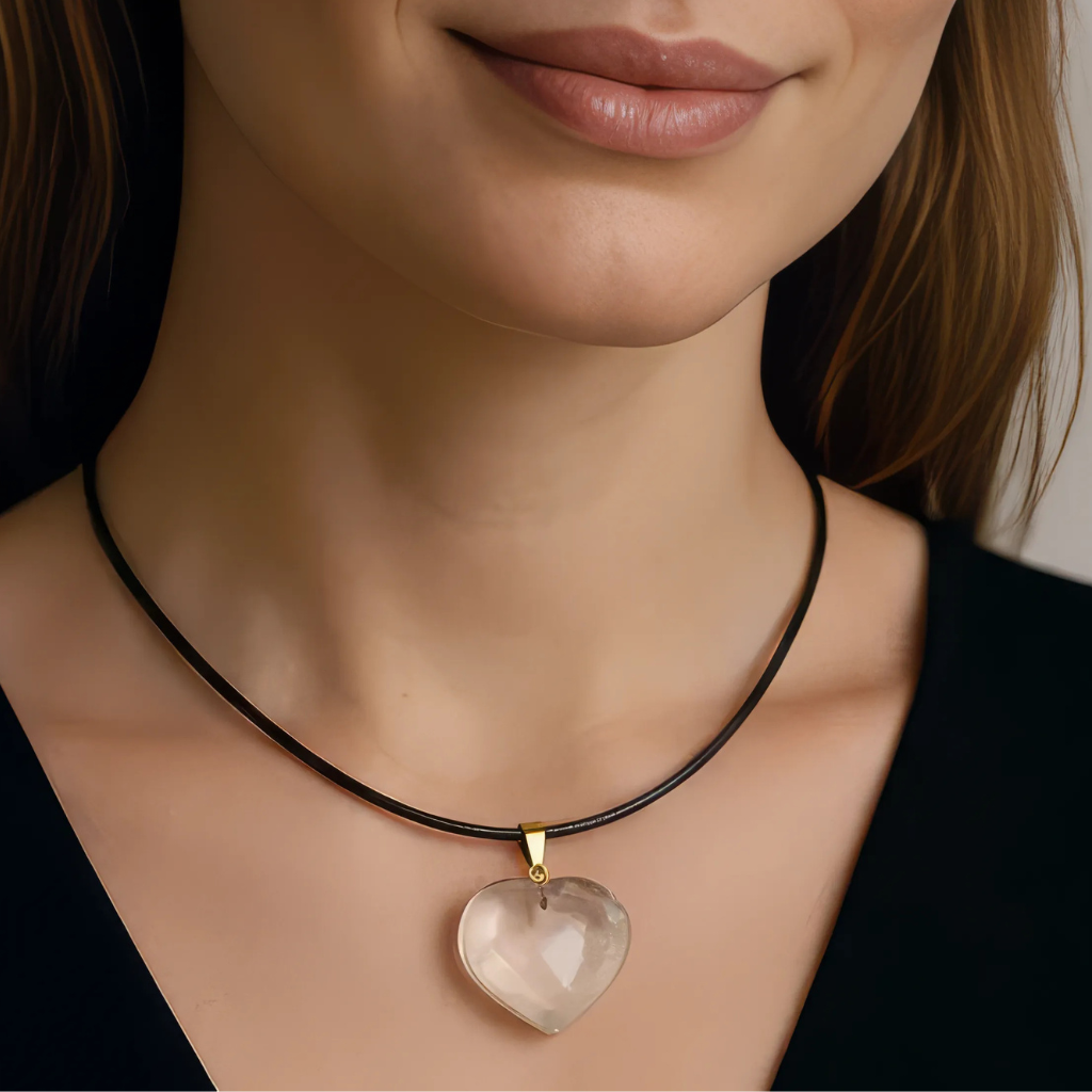 Petit Pendentif Cœur en Quartz - Fait Main au Brésil (Cordon Inclus) - Gemio.ch