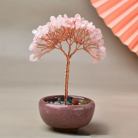 Lebensbaum aus natürlichen Edelsteinen mit Terrakottaschale