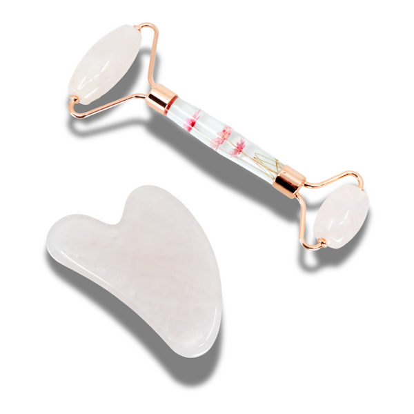 Ensemble Rouleau de Massage avec Motifs de Fleurs et Planche Gua Sha en Quartz Rose - Amour-Propre et Éclat Naturel