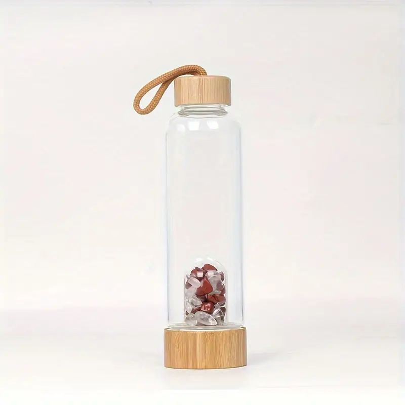 Glasflasche mit rotem Jaspis und klarem Quarz und Bambusverschluss - Energie und Gleichgewicht