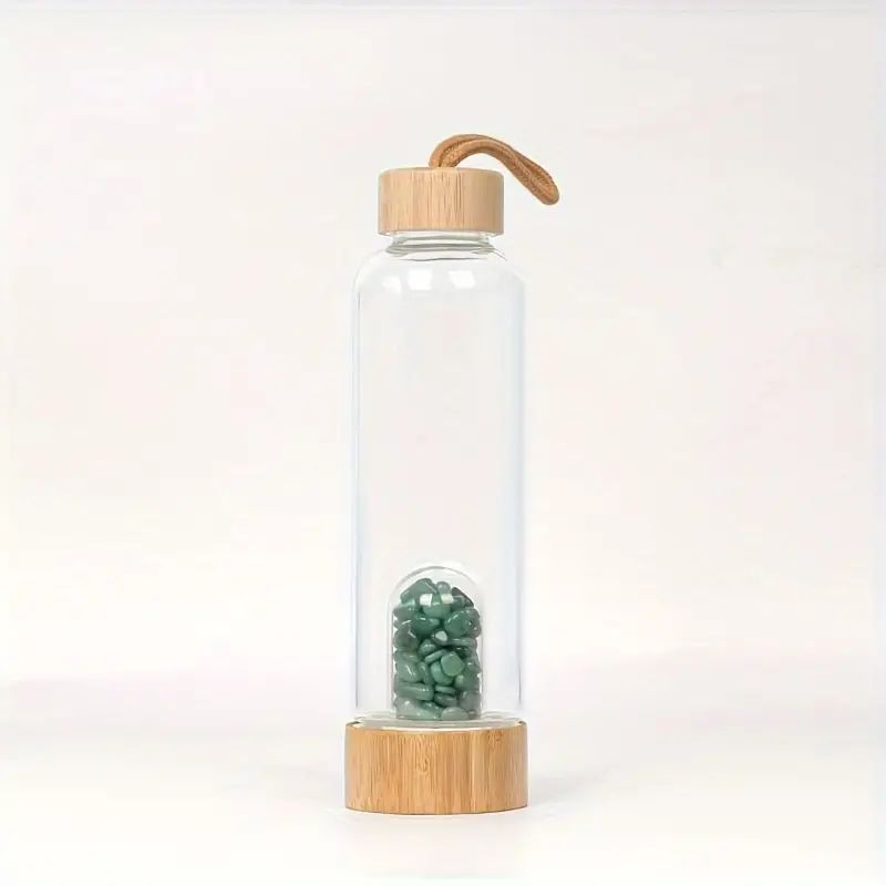 Glasflasche mit grünen Aventurinsteinen und Bambusverschluss - Harmonie und positive Energie