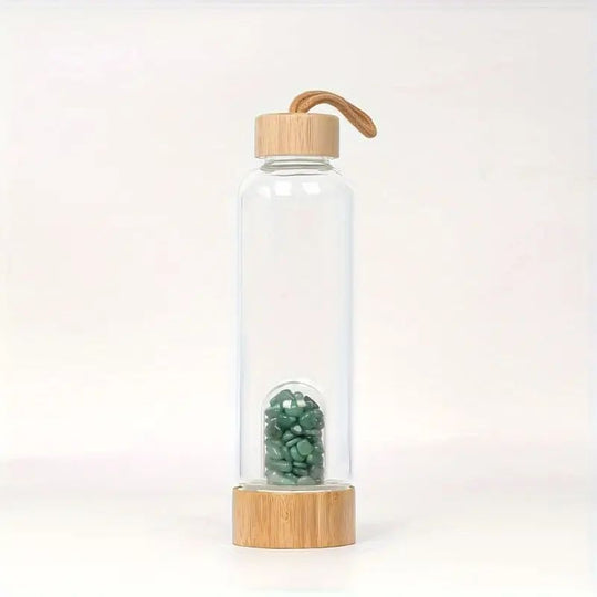 Bouteille en Verre avec Pierres d'Aventurine Verte et Bouchon en Bambou - Harmonie et Énergie Positive