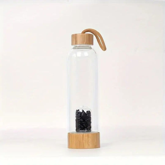 Bouteille en Verre avec Pierres d’Obsidienne et Bouchon en Bambou - Protection et Équilibre
