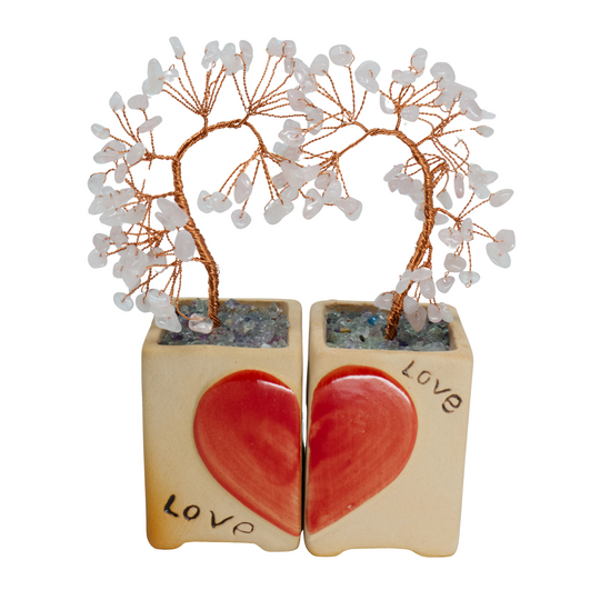Edelsteinbaum aus Rosenquarz mit handbemalter Töpferei - Symbol für Liebe und Eleganz