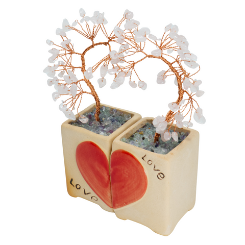 Arbre de Pierres Précieuses en Quartz Rose avec Poterie Peinte à la Main - Symbole d'Amour et d'Élégance