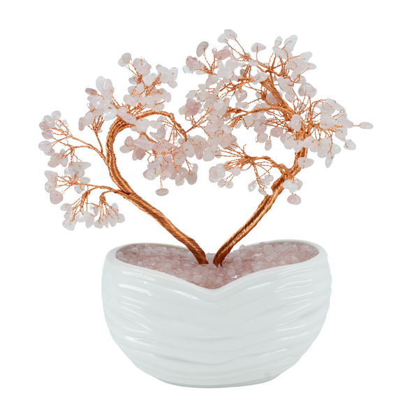 Arbre Décoratif en Quartz Rose en Forme de Cœur avec Vase en Terre Cuite Blanc - Amour et Élégance Pure