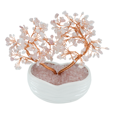 Arbre Décoratif en Quartz Rose en Forme de Cœur avec Vase en Terre Cuite Blanc - Amour et Élégance Pure