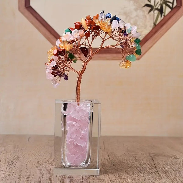 Arbre de Vie 7 Chakras avec Base en Bloc de Verre Design - 18x5x5 cm - Équilibre et Énergie