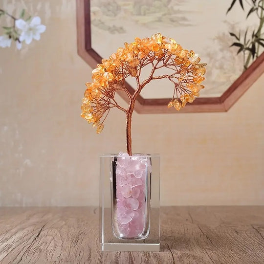 Lebensbaum aus Citrin mit Glasbasis gefüllt mit Rosenquarz - 18x5x5 cm - Energie und Liebe