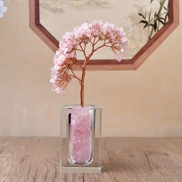 Arbre de Vie en Quartz Rose avec Base en Verre Remplie de Quartz Rose - 18x5x5 cm - Amour et Sérénité