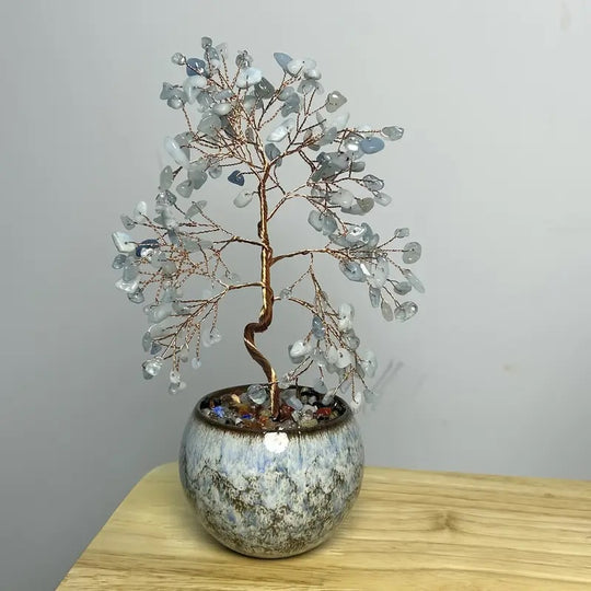 Lebensbaum aus Aquamarin mit grünem Keramiktopf im Boho-Stil - 18x7x7 cm - Gelassenheit und Eleganz