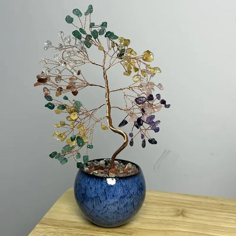 Arbre de Vie en Pierres des 7 Chakras avec Pot en Céramique Bleu Style Bohème - 18x7x7 cm - Équilibre et Harmonie