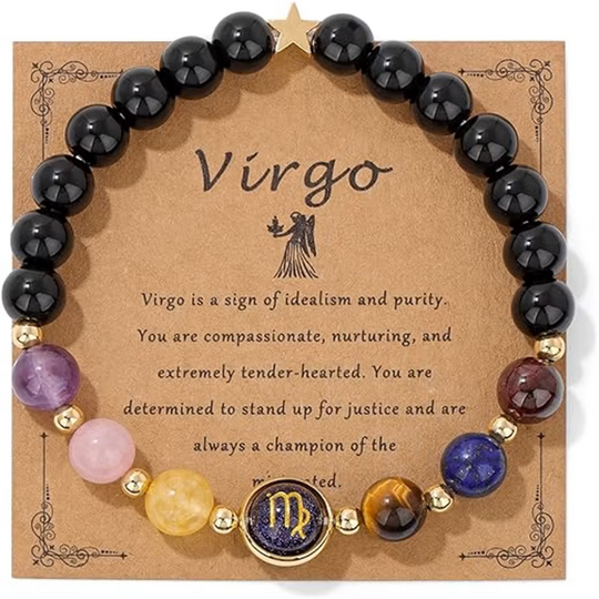 Bracelet Astro "Vierge" - Perles Noires, Oeil de Tigre, Améthyste & Médaillon Doré