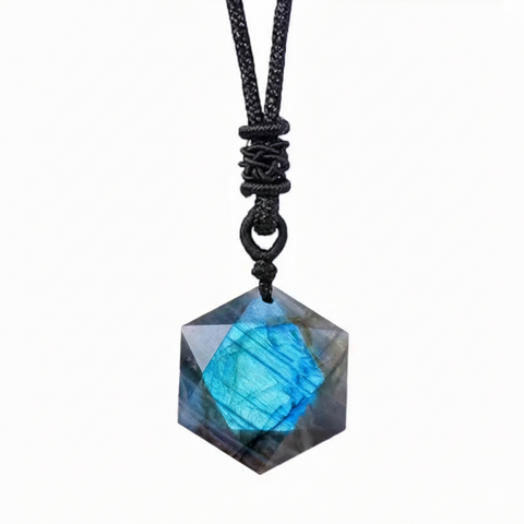 Talisman de Protection - Pendentif Labradorite Hexagonale & Cordon Tressé