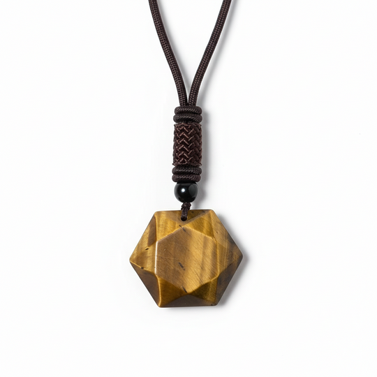 Pendentif "Bouclier Solaire" - Œil de Tigre Hexagonal & Cordon