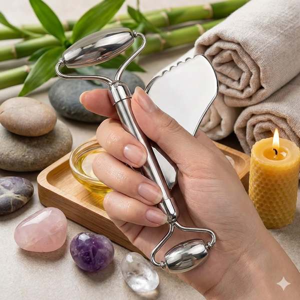Kit de Massage Visage Maison & Voyage - Acier Inoxydable (2 Pièces) - Gemio.ch
