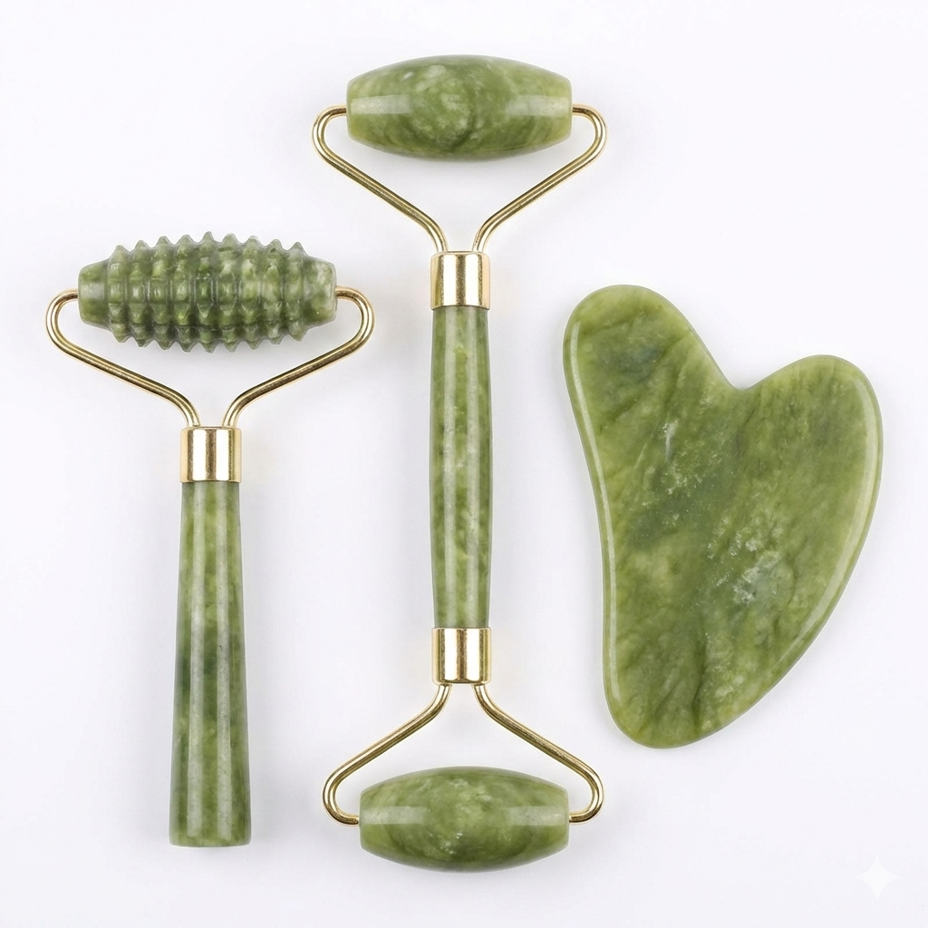 Ensemble Spa Visage & Cou en Jade (Rouleau Lisse, Picots et 2 Gua Sha)