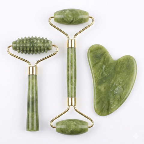 Ensemble Spa Visage & Cou en Jade (Rouleau Lisse, Picots et 2 Gua Sha)