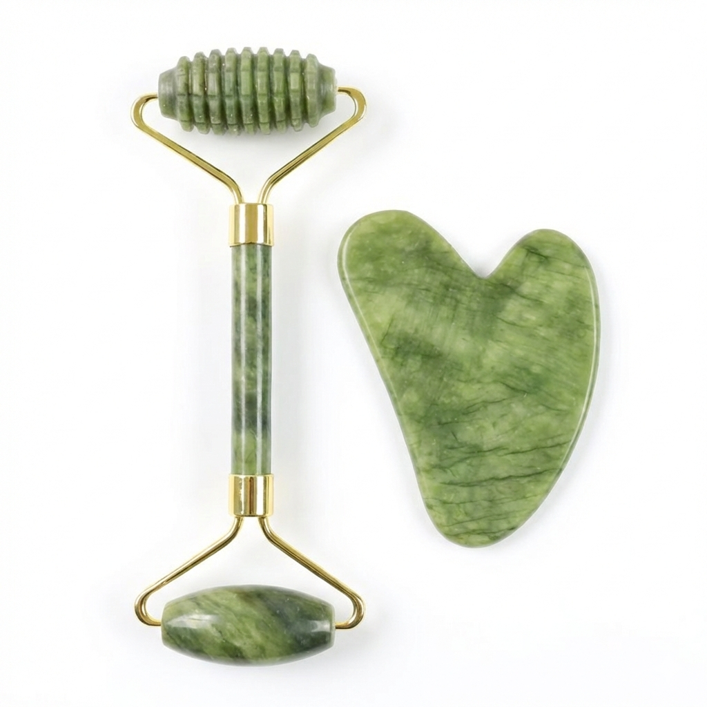 Ensemble Spa Visage & Corps - Rouleau Silencieux Texturé et Gua Sha en Jade