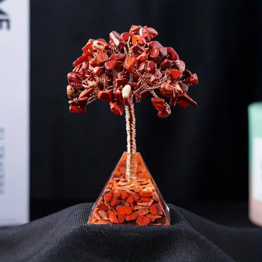 Jaspis-Rot Baum mit Orgone-Pyramidenbasis - Vitalität und Stabilität