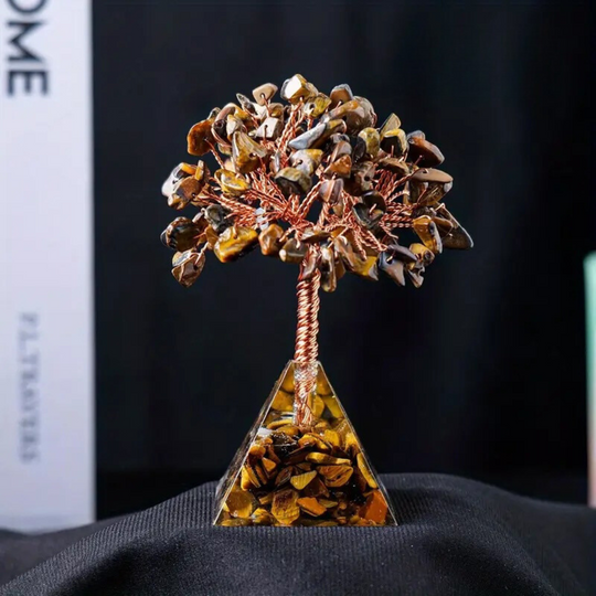 Tigerauge Baum mit Orgone Pyramidenbasis - Schutz und Vertrauen