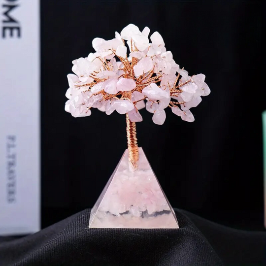 Rosenquarzbaum mit Orgone-Pyramidenbasis - Energie und handwerkliche Eleganz