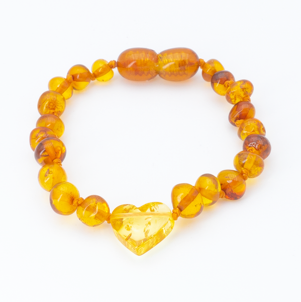 Bracelet d'Ambre pour Bébé avec Coeur Couleur Citron - Perles Cognac