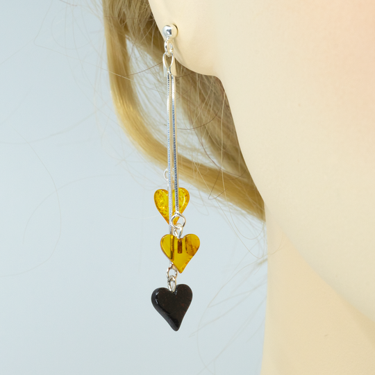 Boucles d'oreilles Ambre 3 Coeurs et Argent Sterling - 3 Couleurs